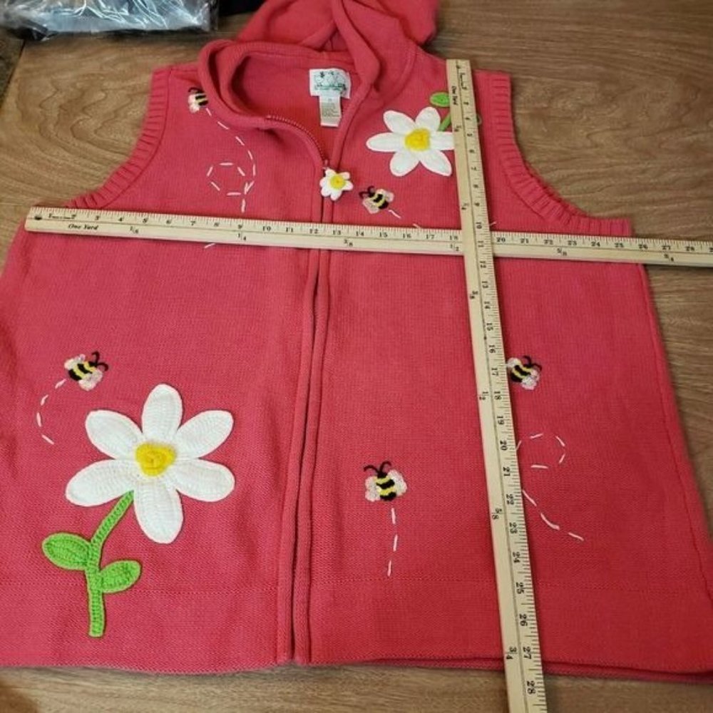 The Quacker Factory Womens Pink Daisy/Bee Embroidered Knit Top Vest Hoodie 2XL - Picture 10 of 12